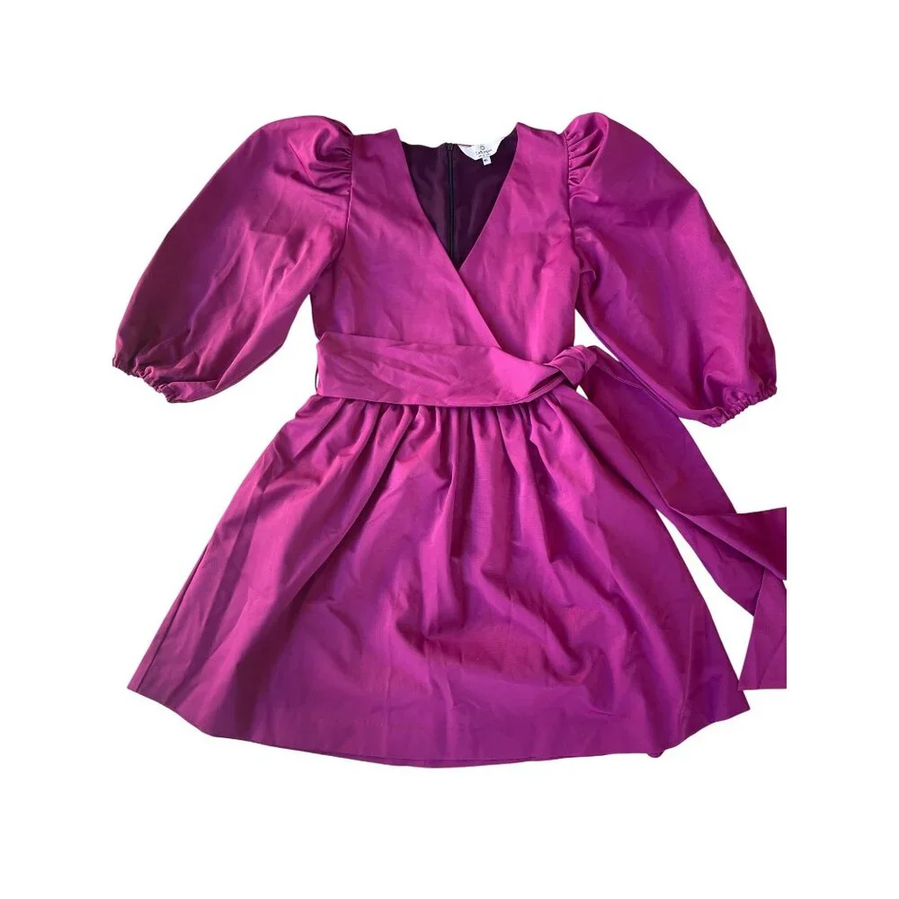 LaRoque Emma Small Puff Sleeve Mini Dress Magenta Fuchsia Cotton V-Neck Tie Wais - Picture 1 of 10